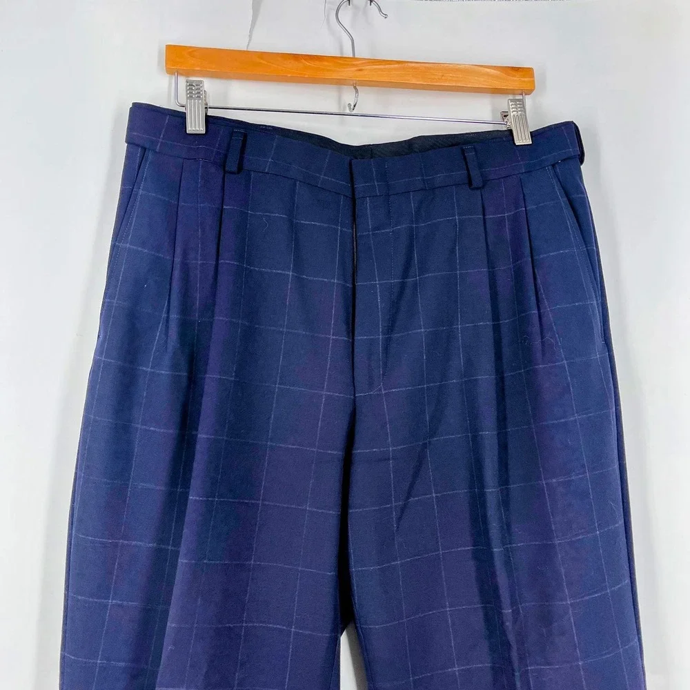 Lands' End Navy‎ Windowpane Check 2-Piece Suit Wool Pleated Pants SZ 42R  34W